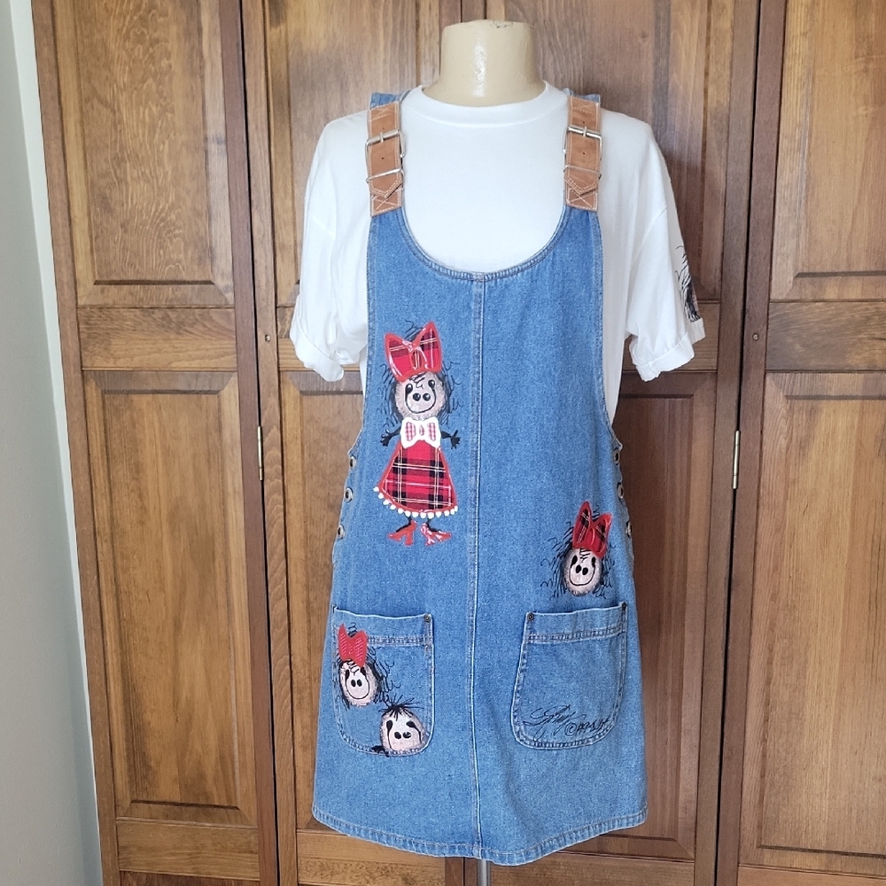 Vintage Denim Embellished Handpainted Denim Jumper Dress Sz M